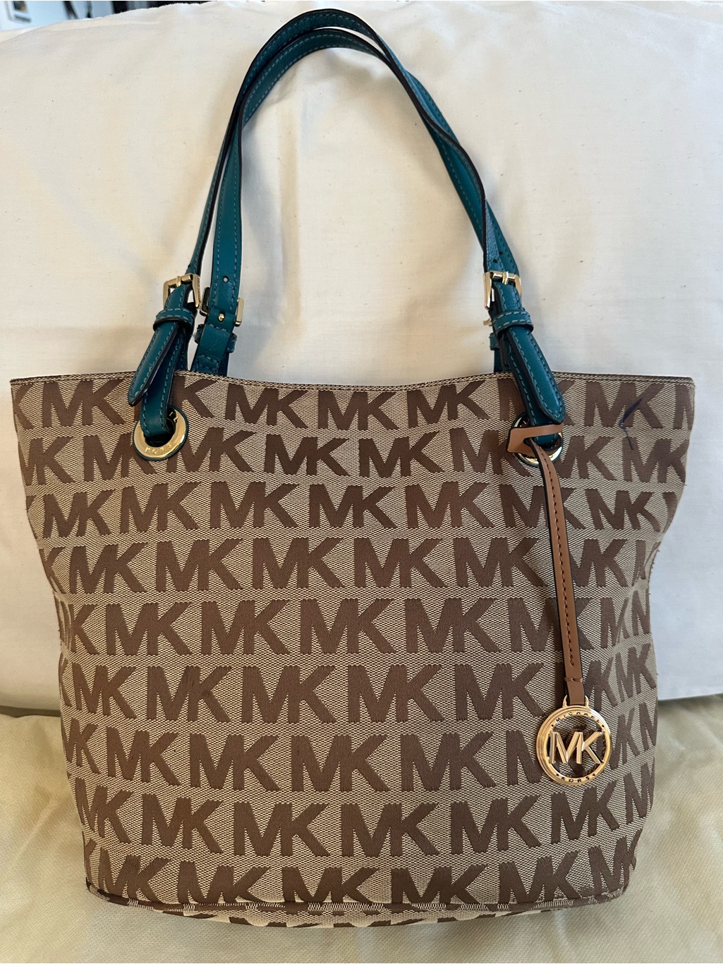 Michael Kors Mk Signature Canvas Tote With Teal Leather Double Straps